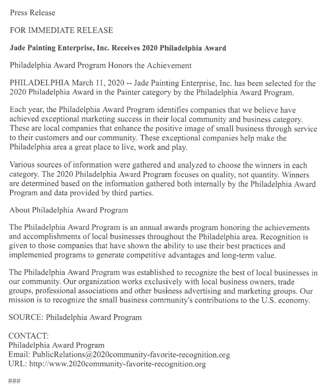 Jade Painting Philadelphia Painter Award - Press Release